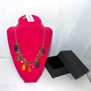 Betsey Johnson Rainbow Gummy Bear Rhinestone Charm Necklace – Gold Double Chain